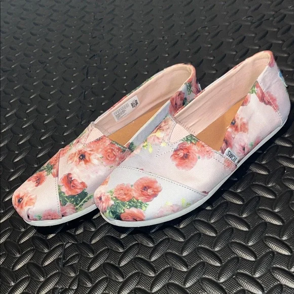 TOMS Floral Slip On Shoes Womens Size 7 Pink Canvas Flats - Picture 1 of 7